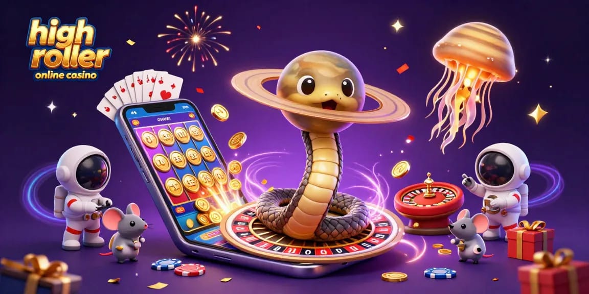 See the high roller online casino scene with a Saturn ring snake and astronaut mice amid gaming elements.