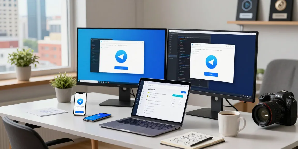 Explore Telegram Download in a modern tech workspace with a developer coding and interacting with devices.