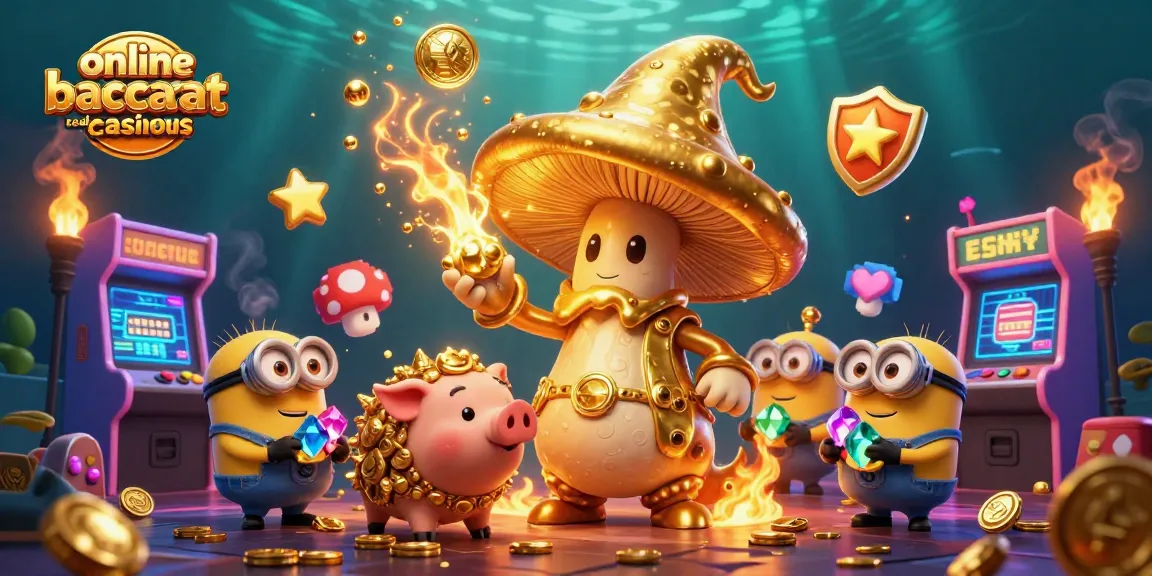 Join the magical golden mushroom wizard, truffle pig, and gemstone minions in online baccarat real money casinous action!