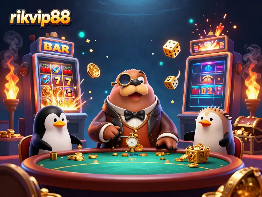 Engage in exciting underwater poker action with rikvip88's cartoon characters amidst overflowing casino treasures.