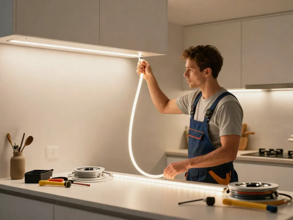 Instalarea benzii LED 220V de către un profesionist în servicii de iluminat de încredere, oferind soluții moderne pentru amenajări interioare.