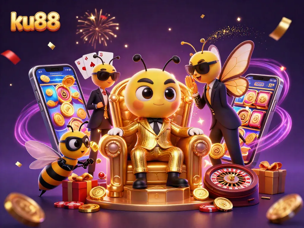 ku88 players engage in exciting slot games with a bustling bees' casino atmosphere.