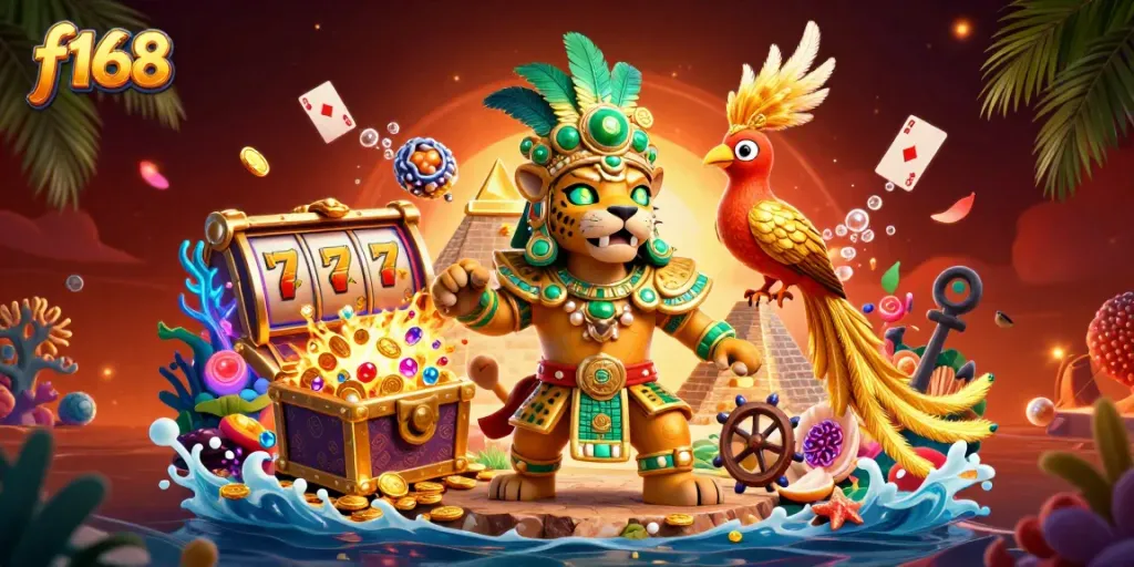 Spin the f168 casino reels as the Mayan jaguar priest and quetzal bird uncover treasures.