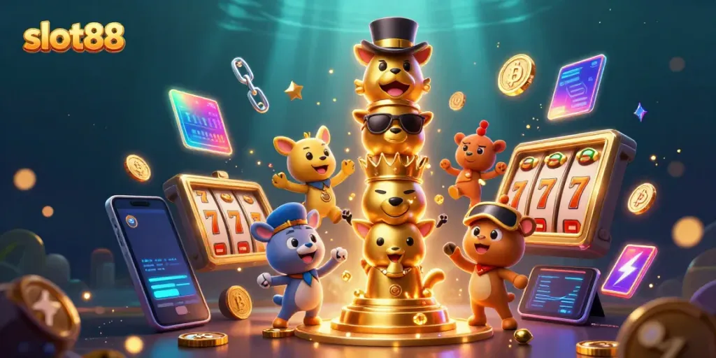 Engage with slot88's vibrant 3D totem scene showcasing exciting slots and cryptocurrency elements.