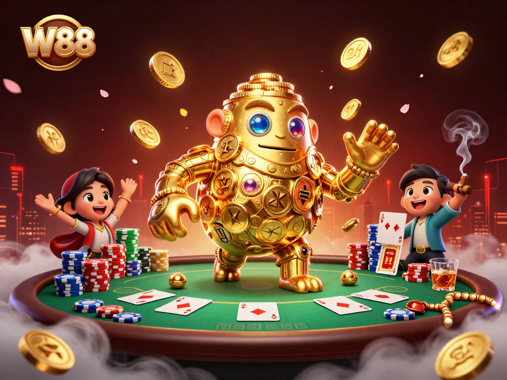 Experience the excitement of W88 with our vibrant casino scene featuring animated golden golem and poker elements.