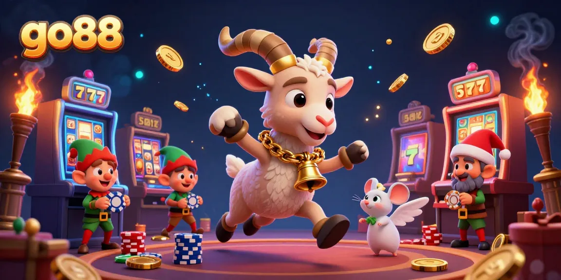 Engage with go88's vibrant casino experience as Krampus, an angel mouse, and mischievous gremlins fill the scene.