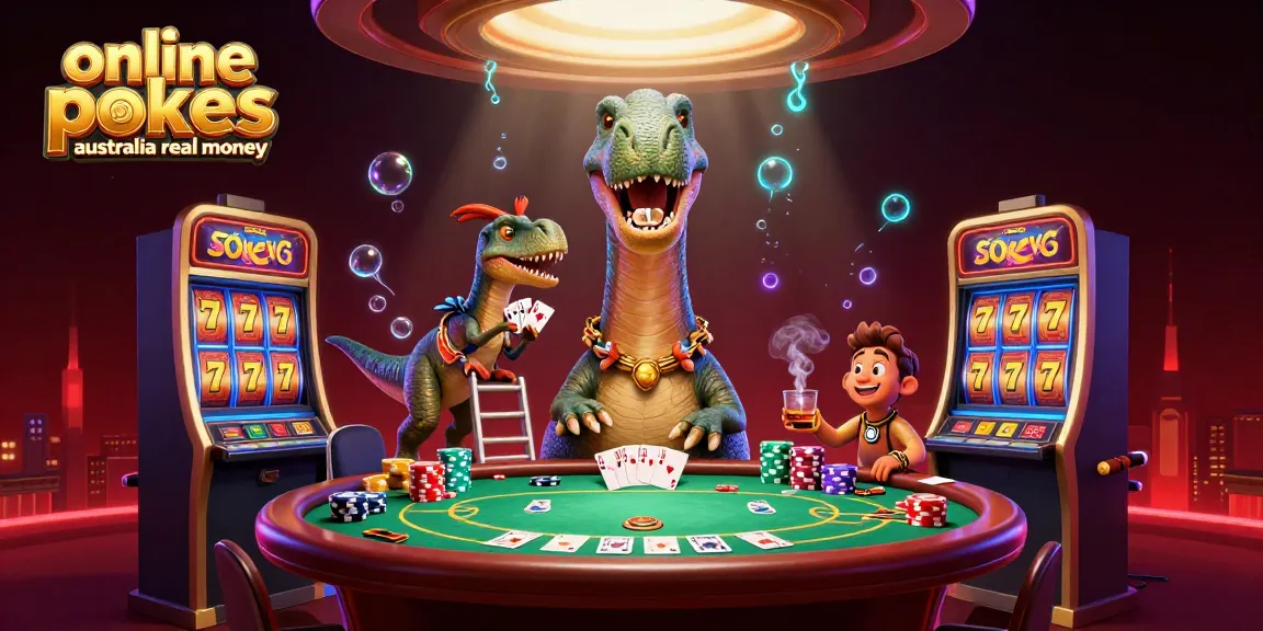 Play online pokies Australia real money with a towering brontosaurus dealer and colorful poker elements.