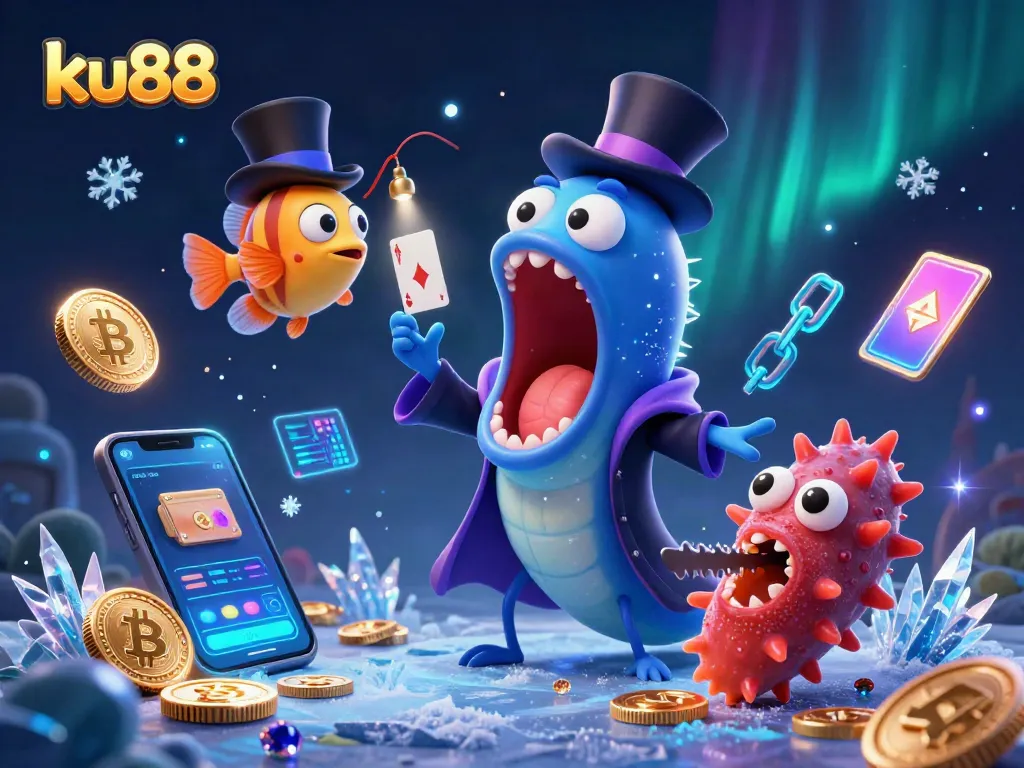 ku88 illuminates the casino world with a bioluminescent eel performing magic tricks in a vibrant underwater scene.