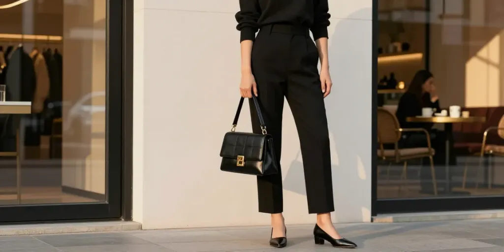 ROKOK88 fashion model in elegant black attire against a city backdrop, embodying luxury and style.
