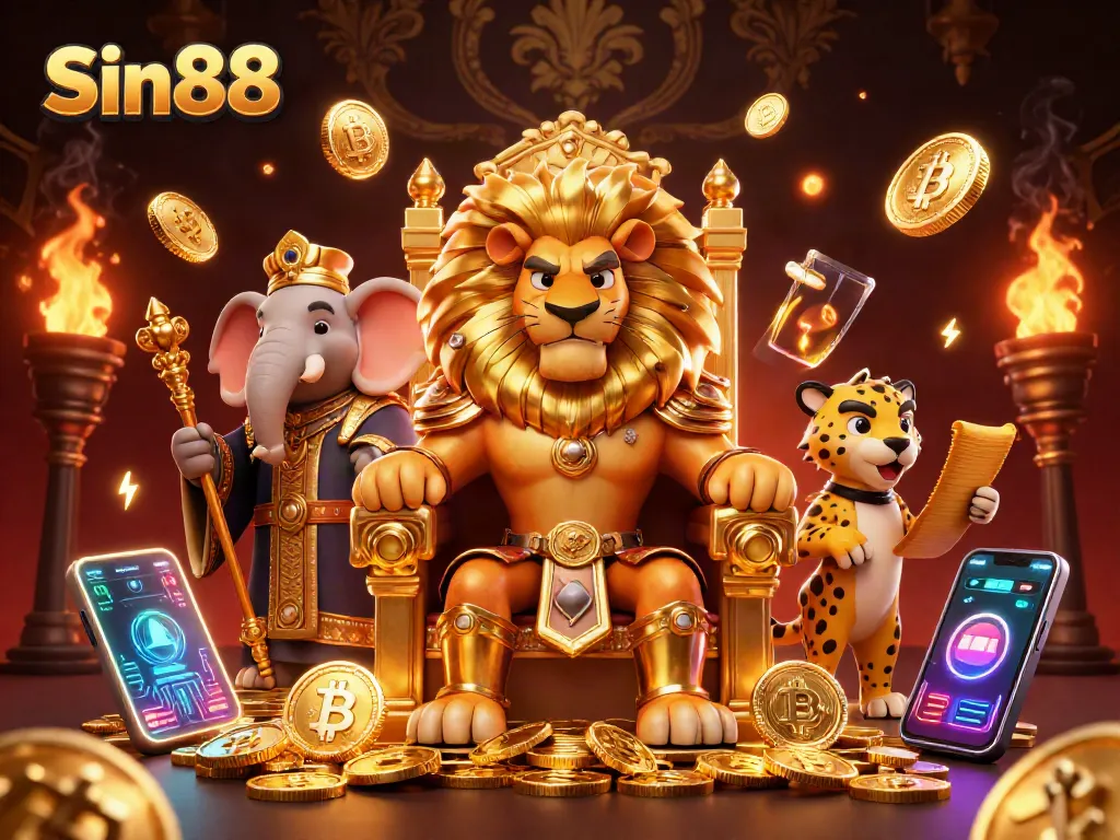 Sin88 features a fierce lion king on coins, flanked by an elephant and cheetah amidst glowing crypto elements.