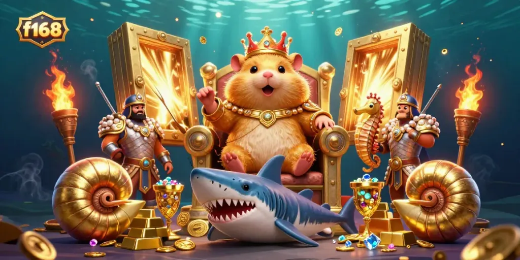 Experience the thrilling f168 casino adventure with a golden hamster king and treasure elements.