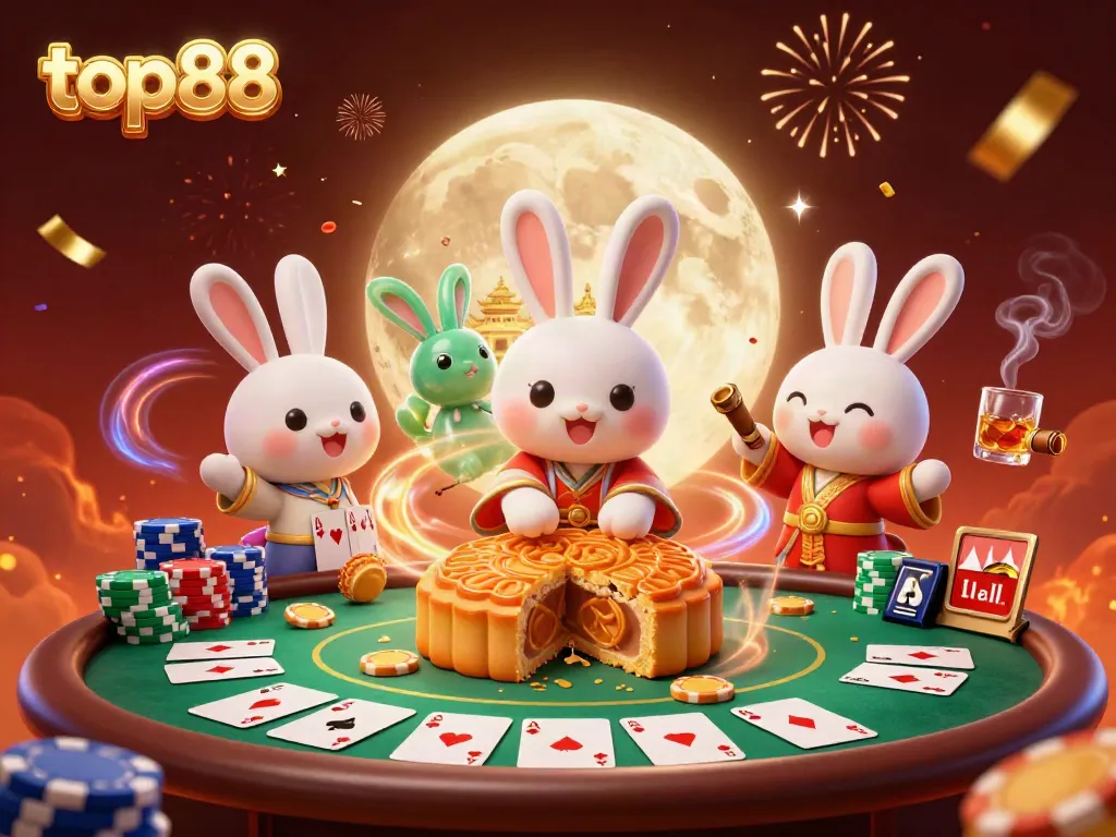 Experience top88's exciting lunar casino with detailed moon rabbits and poker action.