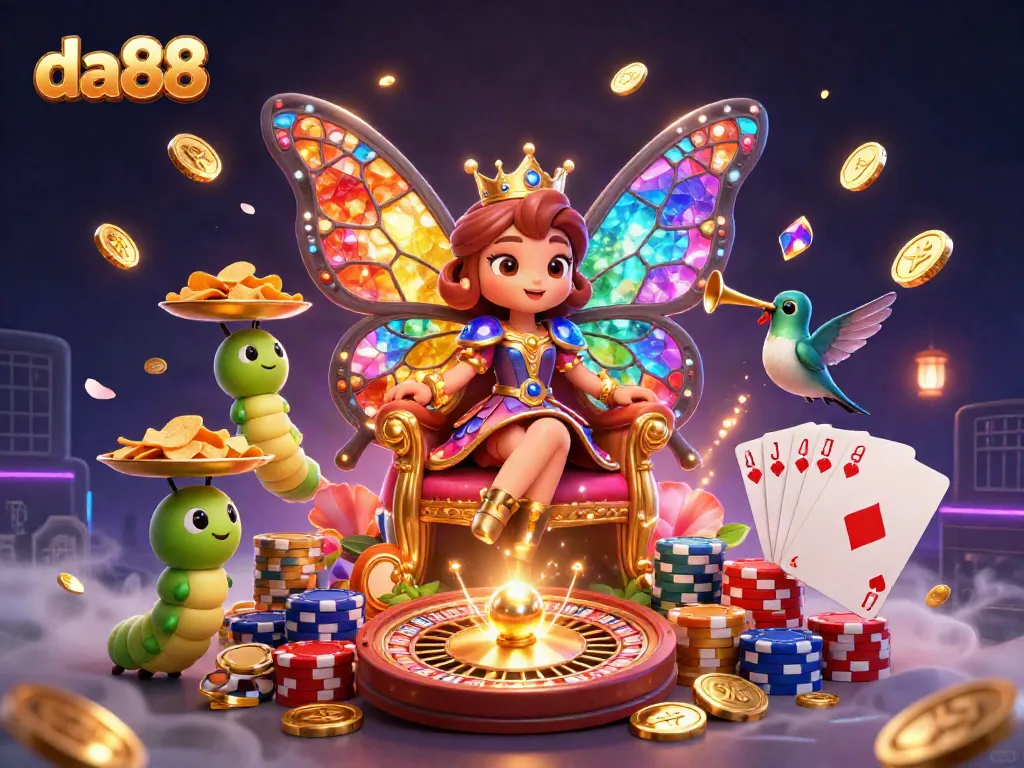 Experience thrilling games at da88 with a vibrant illustration of the butterfly queen and magical casino elements.