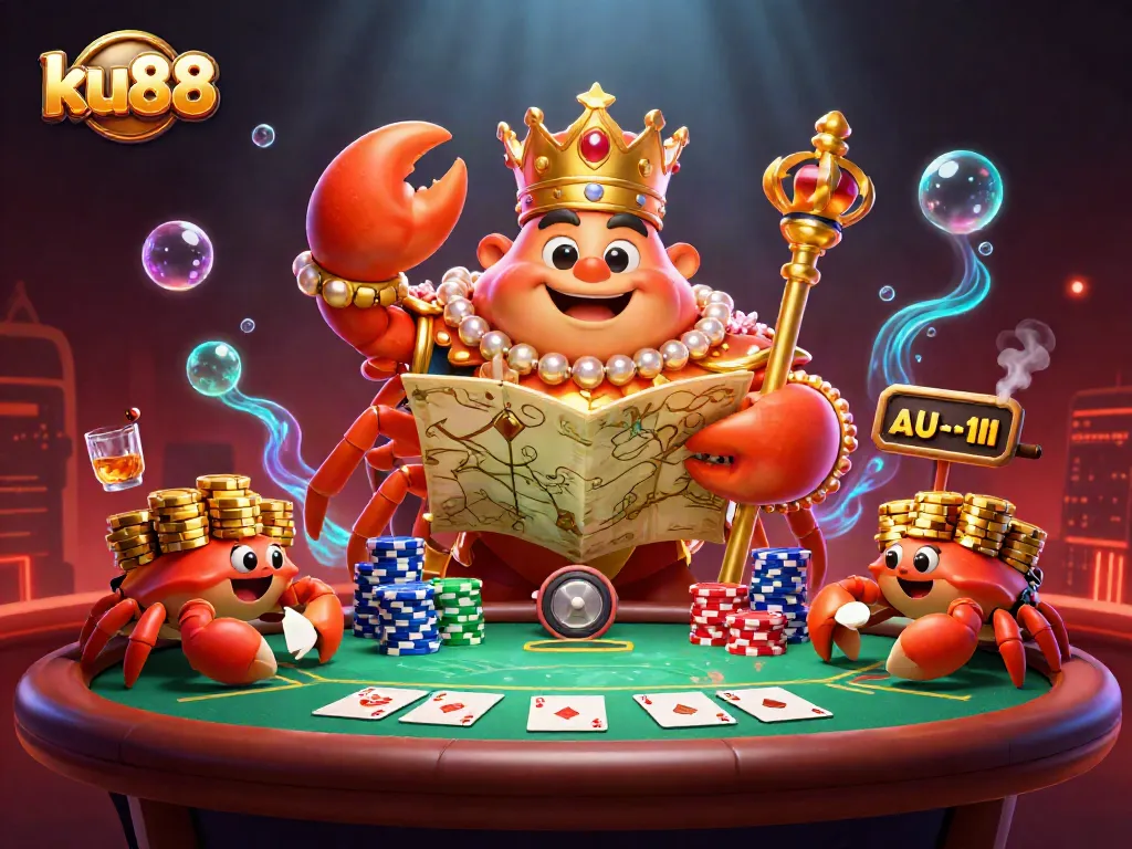 ku88 casino features a golden crab emperor presiding over a vibrant poker scene