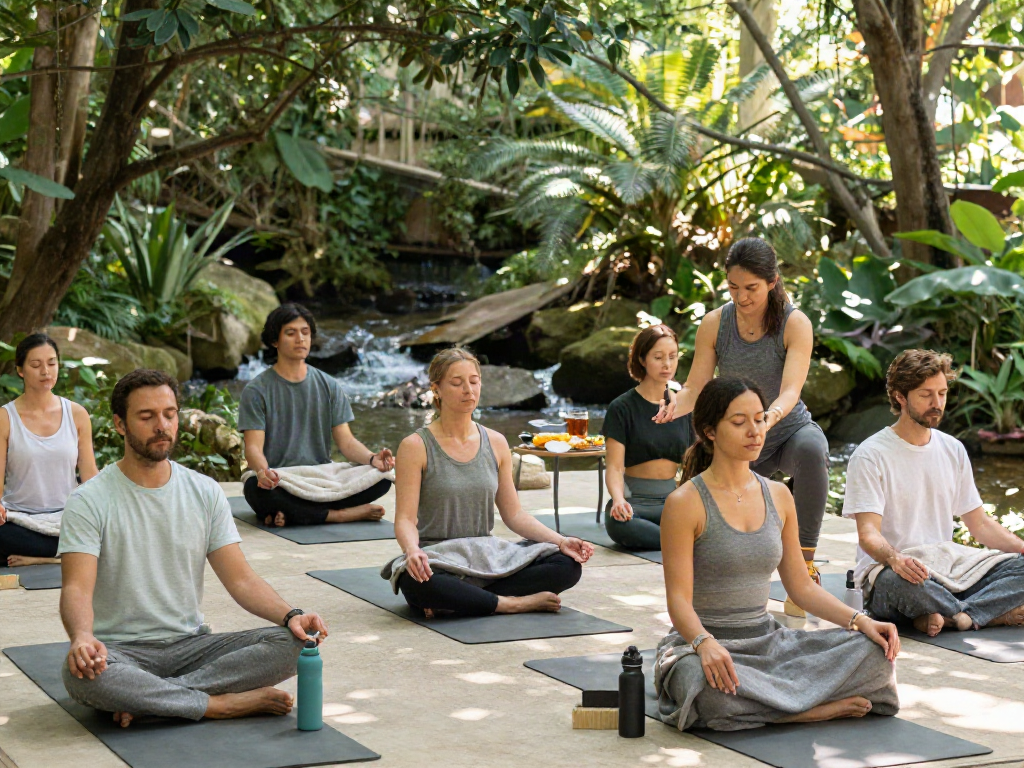 Participants engaged in mindfulness meditation at a wellness retreat showing rokok88 alternatif relaxation techniques in nature