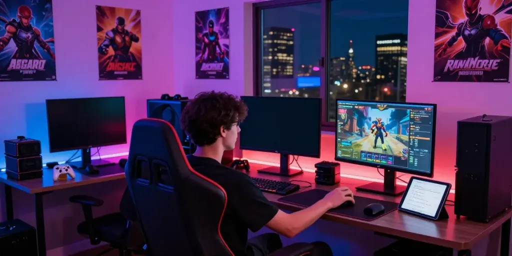 Engaging gaming setup reflecting rokok88 gaming culture with vibrant lights and accessories.