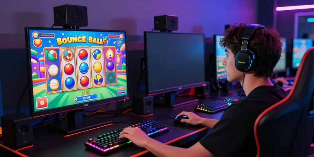 Player engaging with GGSOFT Bounce Ball Slot Game, showcasing vibrant gaming setup and immersive experience.