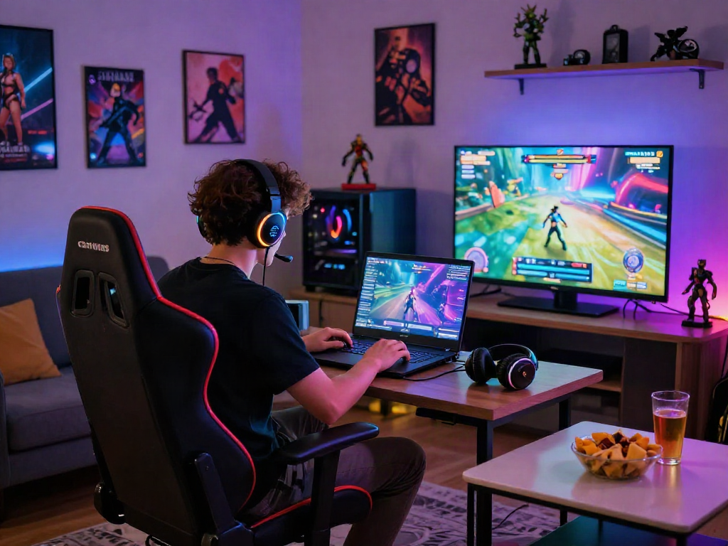 Youth immersed in a captivating porn game on a laptop, showcasing vibrant graphics and cozy gaming setup.